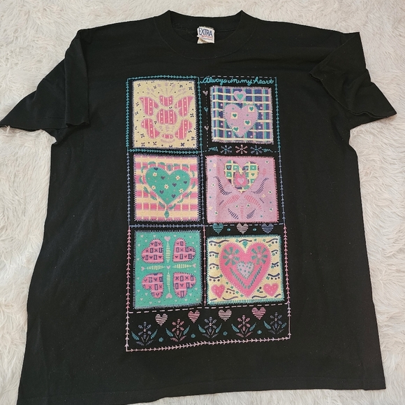 extra elements Tops - Vintage 90s Extra Elements Black Tee with Vibrant Heart Country  Patterns 18W